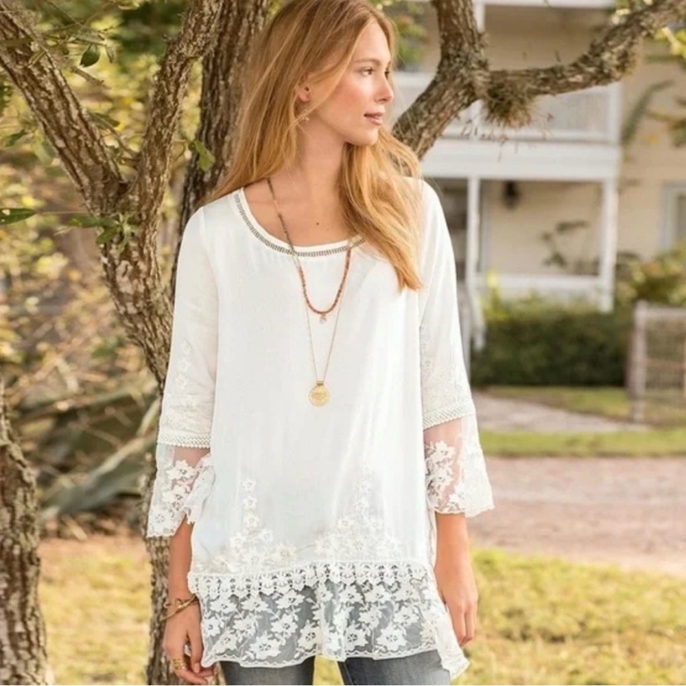 Sundance Betrothed White Lace-Trim Peasant Top - Women large